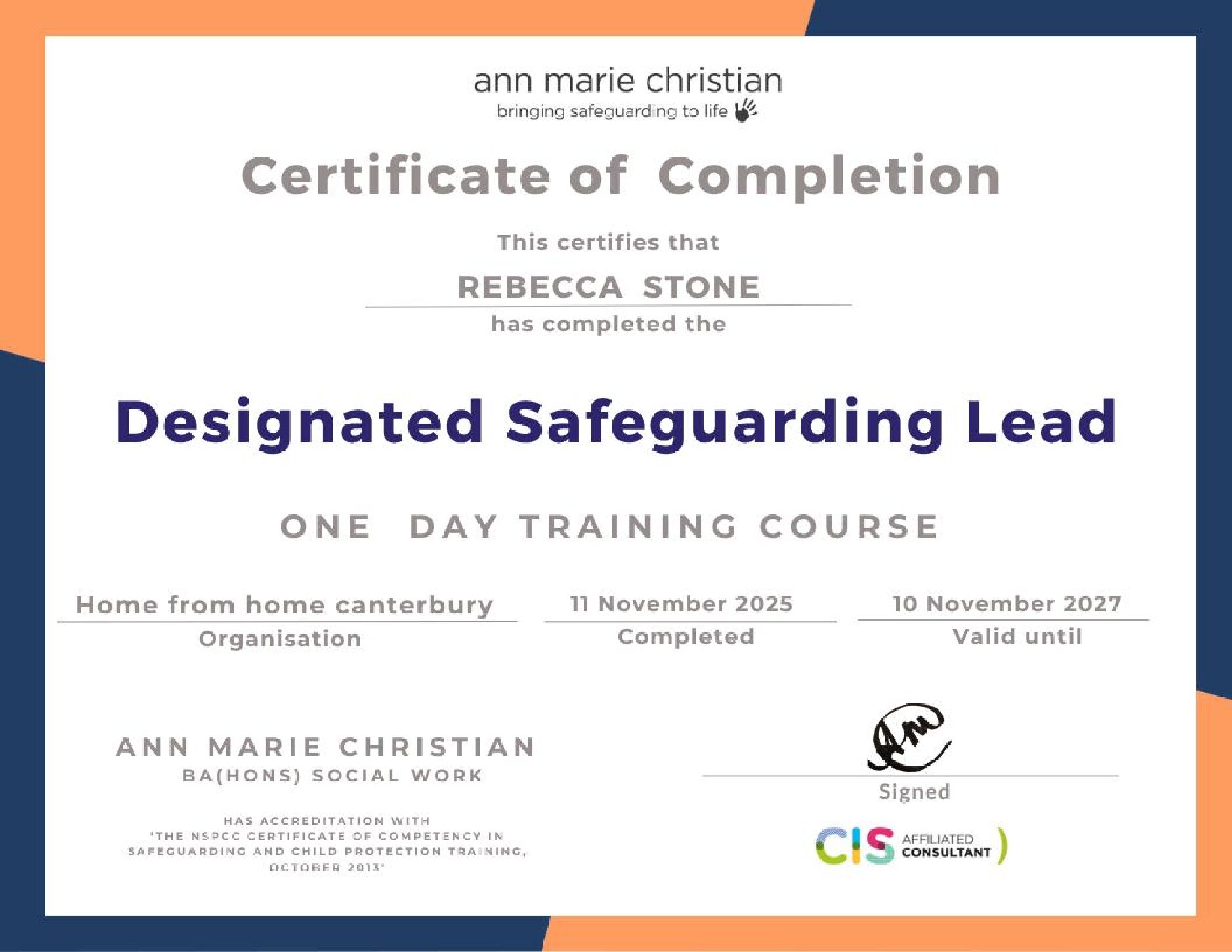 Designated Safeguarding Lead (DSL) Certificate – Rebecca Stone