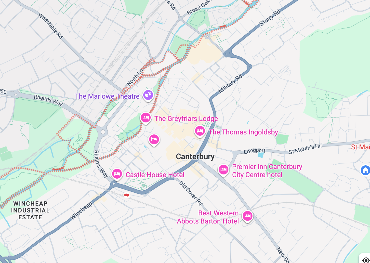Map showing Home From Home Canterbury’s location in relation to King’s School Canterbury, St Edmund’s School Canterbury, Kent College, Ashford School, Dover College and Dover Priory.