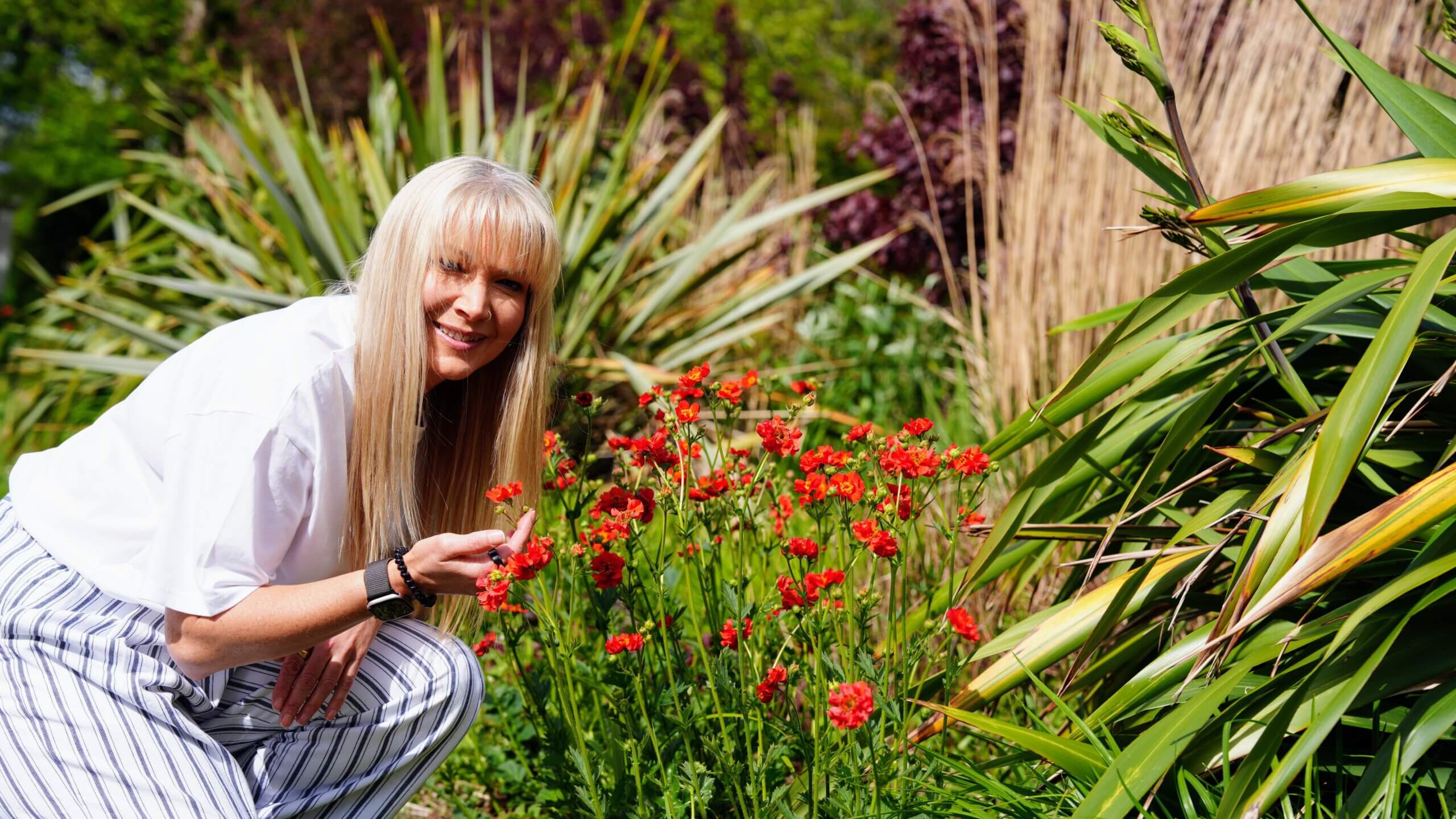 Rebecca Stone kneels in a vibrant garden, admiring bright red flowers surrounded by lush greenery on a sunny day in Canterbury.
